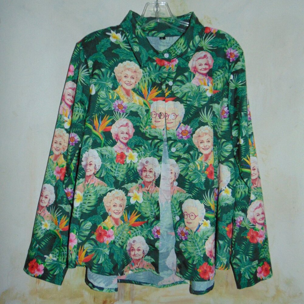 The Golden Girls Green Flowers Tropical Palm Leaves Button Front Hawaiian Shirt